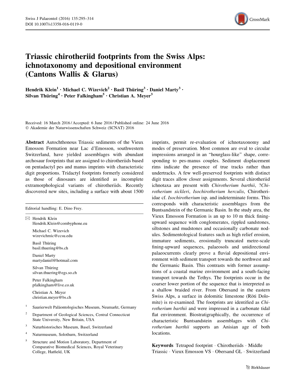 Triassic Chirotheriid Footprints from the Swiss Alps: Ichnotaxonomy and Depositional Environment (Cantons Wallis & Glarus)