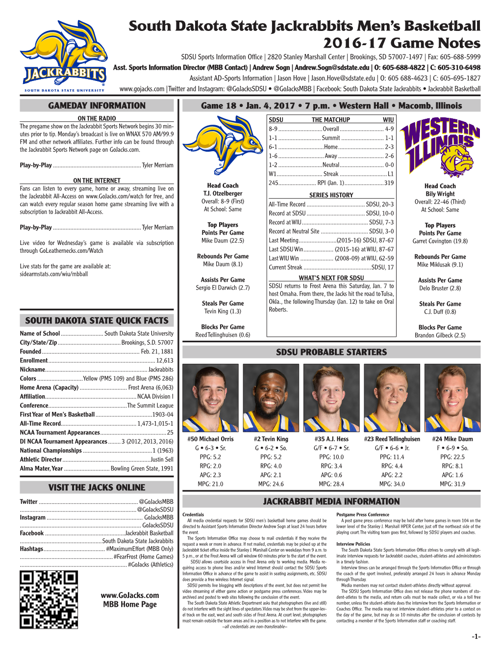 South Dakota State Jackrabbits Men's Basketball 2016-17 Game Notes