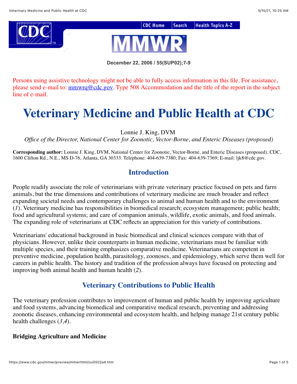 Veterinary Medicine and Public Health at CDC 5/15/21, 10:25 AM