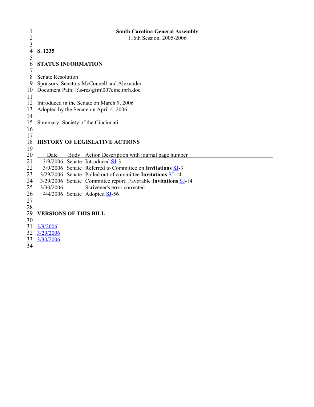 2005-2006 Bill 1235: Society of the Cincinnati - South Carolina Legislature Online