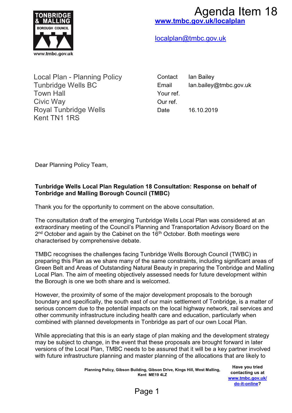 Response to Tunbridge Wells Local Plan Regulation 18 Consultation