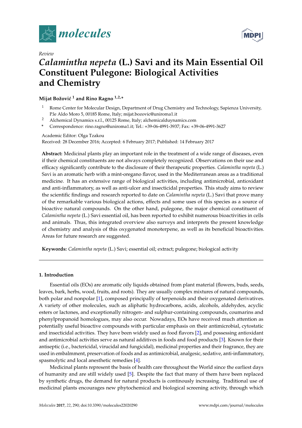 Calamintha Nepeta (L.) Savi and Its Main Essential Oil Constituent Pulegone: Biological Activities and Chemistry