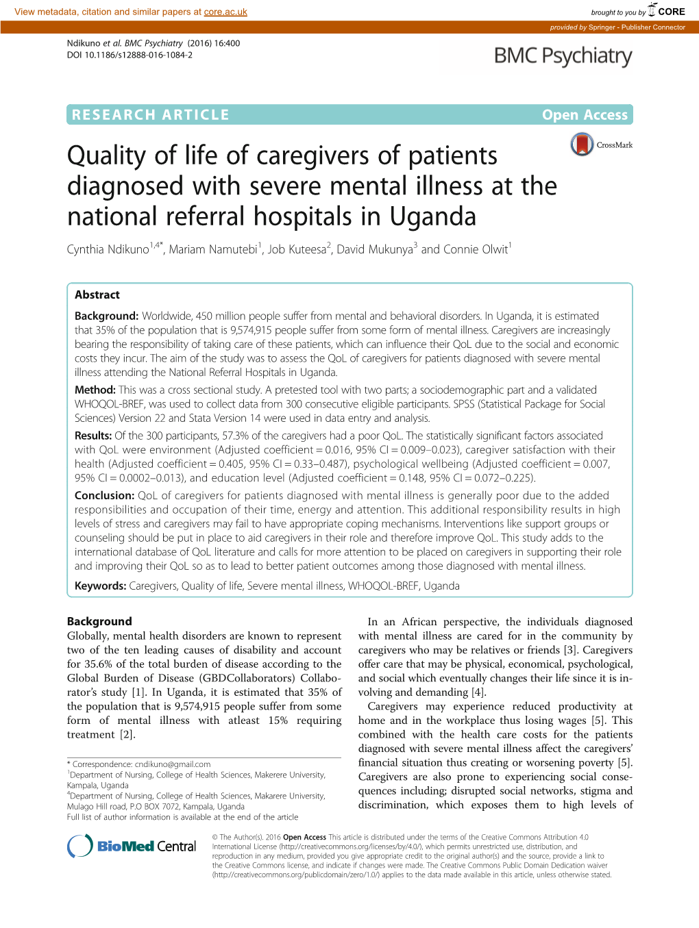 Quality of Life of Caregivers of Patients Diagnosed with Severe