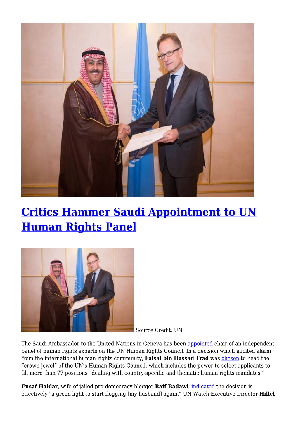 Critics Hammer Saudi Appointment to UN Human Rights Panel