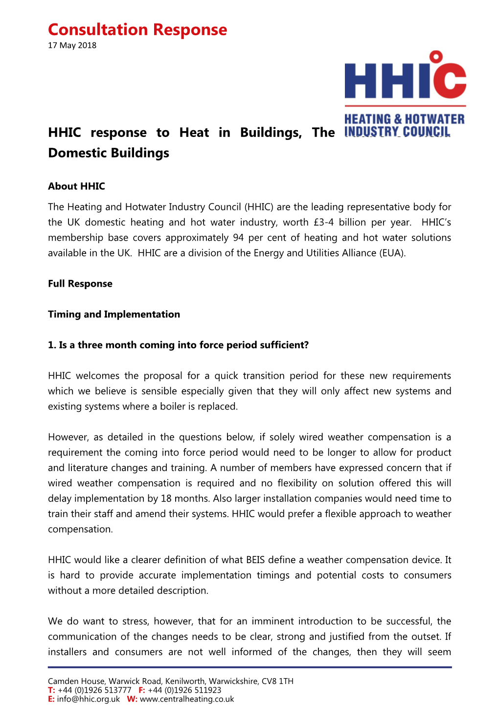 HHIC Response to Heat in Buildings, the Future of Heat: Domestic Buildings