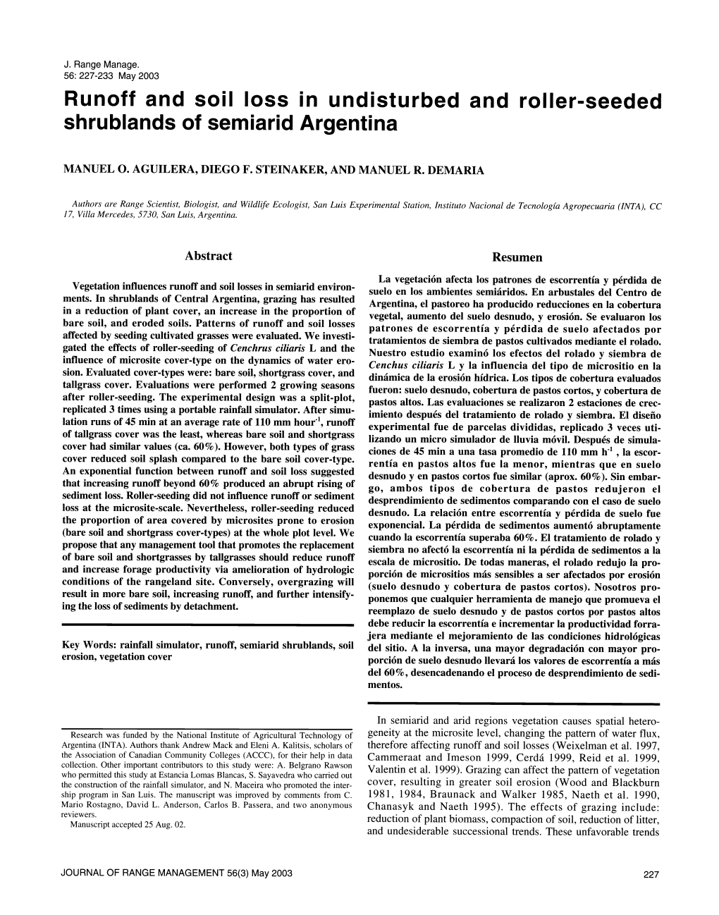 Runoff and Soil Loss in Undisturbed and Roller-Seeded Shrublands of Semiarid Argentina