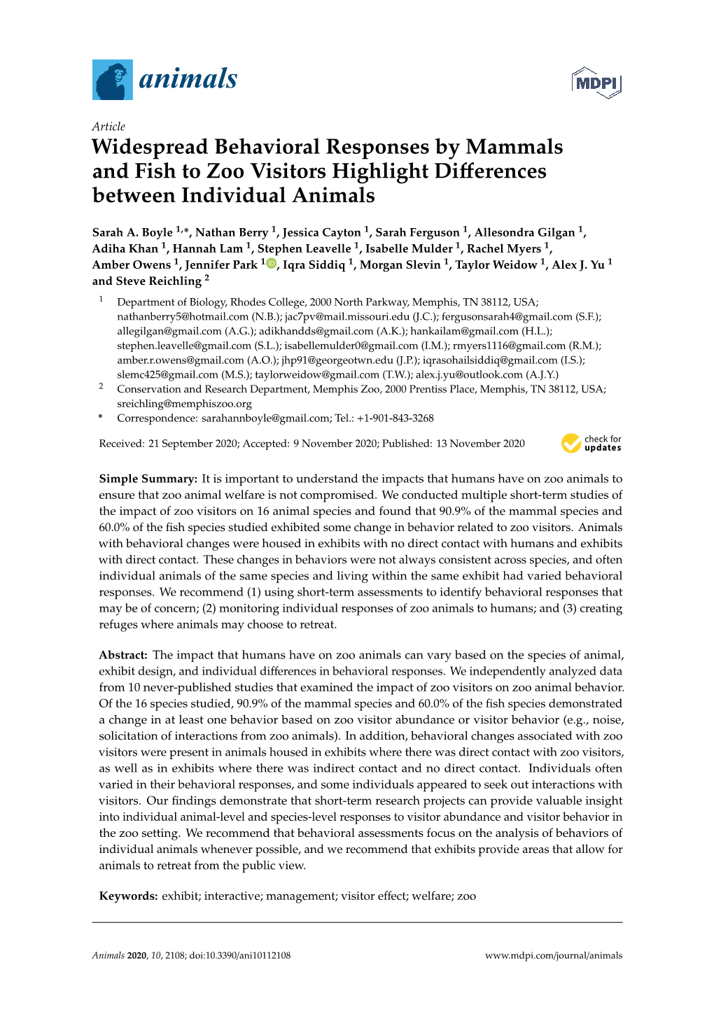 Widespread Behavioral Responses by Mammals and Fish to Zoo Visitors Highlight Diﬀerences Between Individual Animals