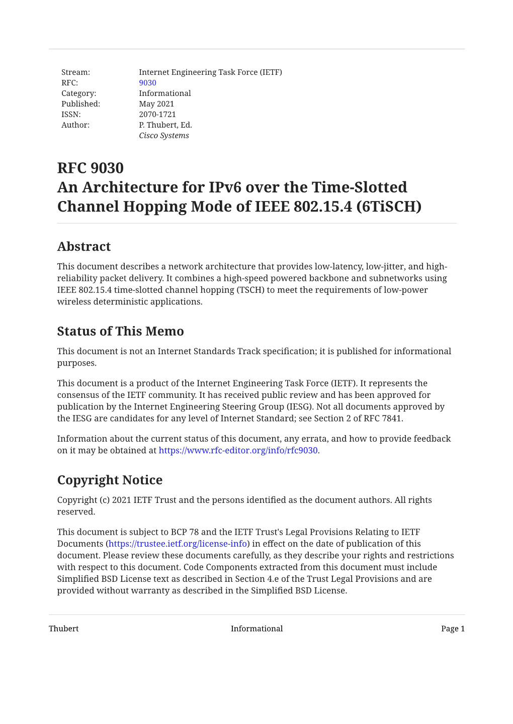 RFC 9030: an Architecture for Ipv6 Over the Time-Slotted Channel