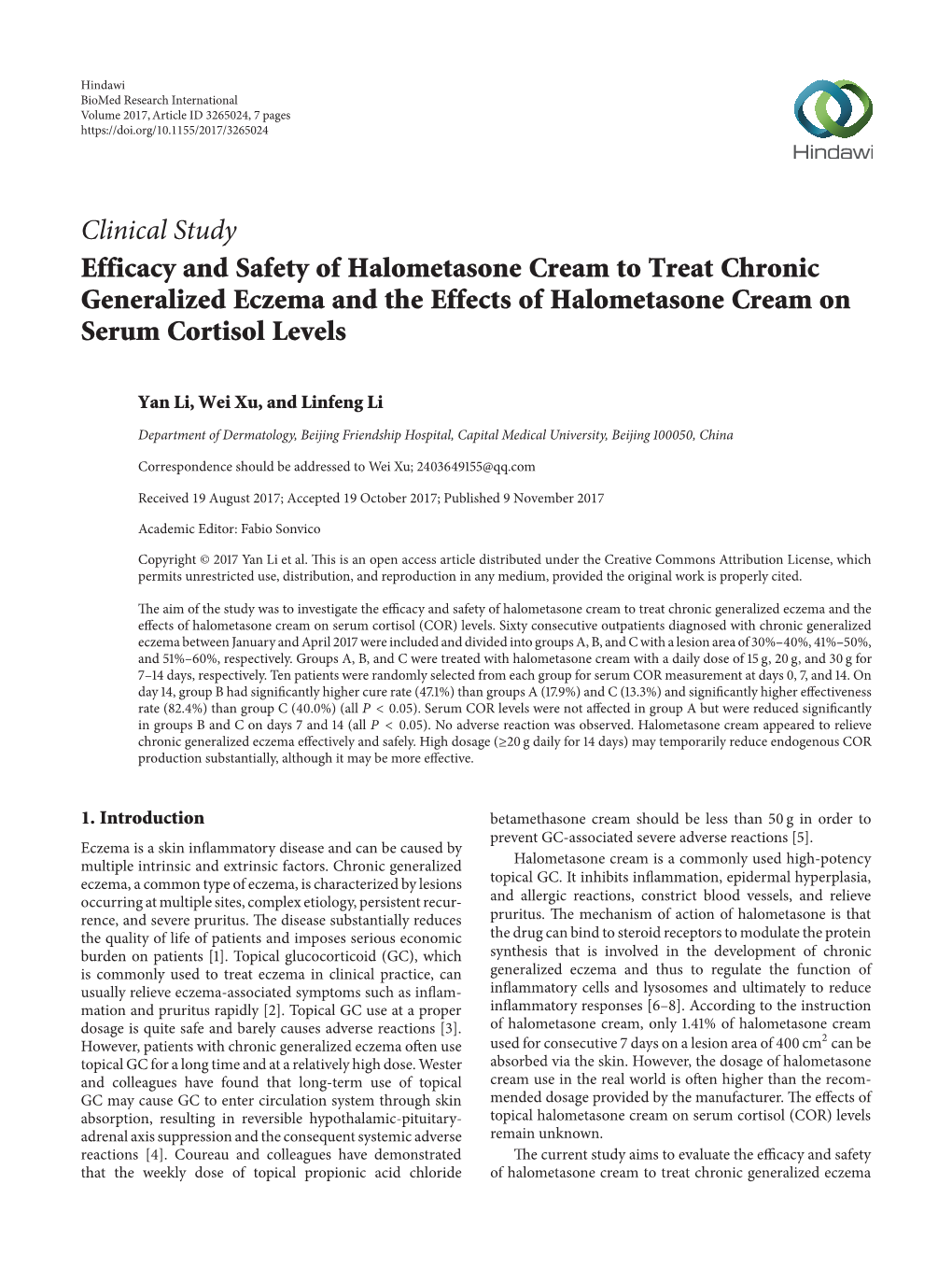 Efficacy and Safety of Halometasone Cream to Treat Chronic Generalized Eczema and the Effects of Halometasone Cream on Serum Cortisol Levels