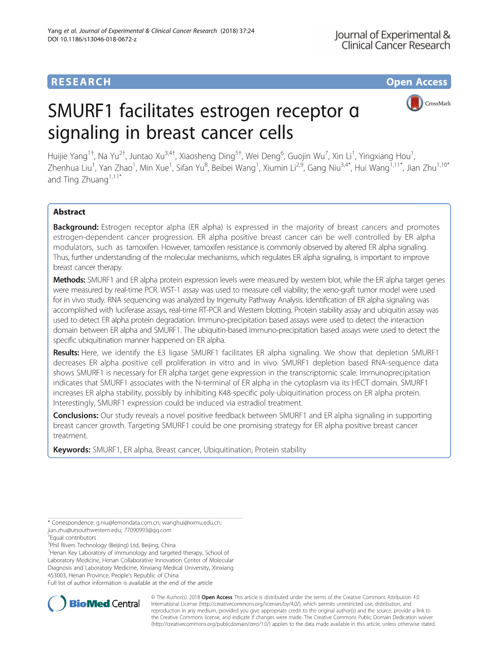 SMURF1 Facilitates Estrogen Receptor Ɑ Signaling in Breast Cancer Cells