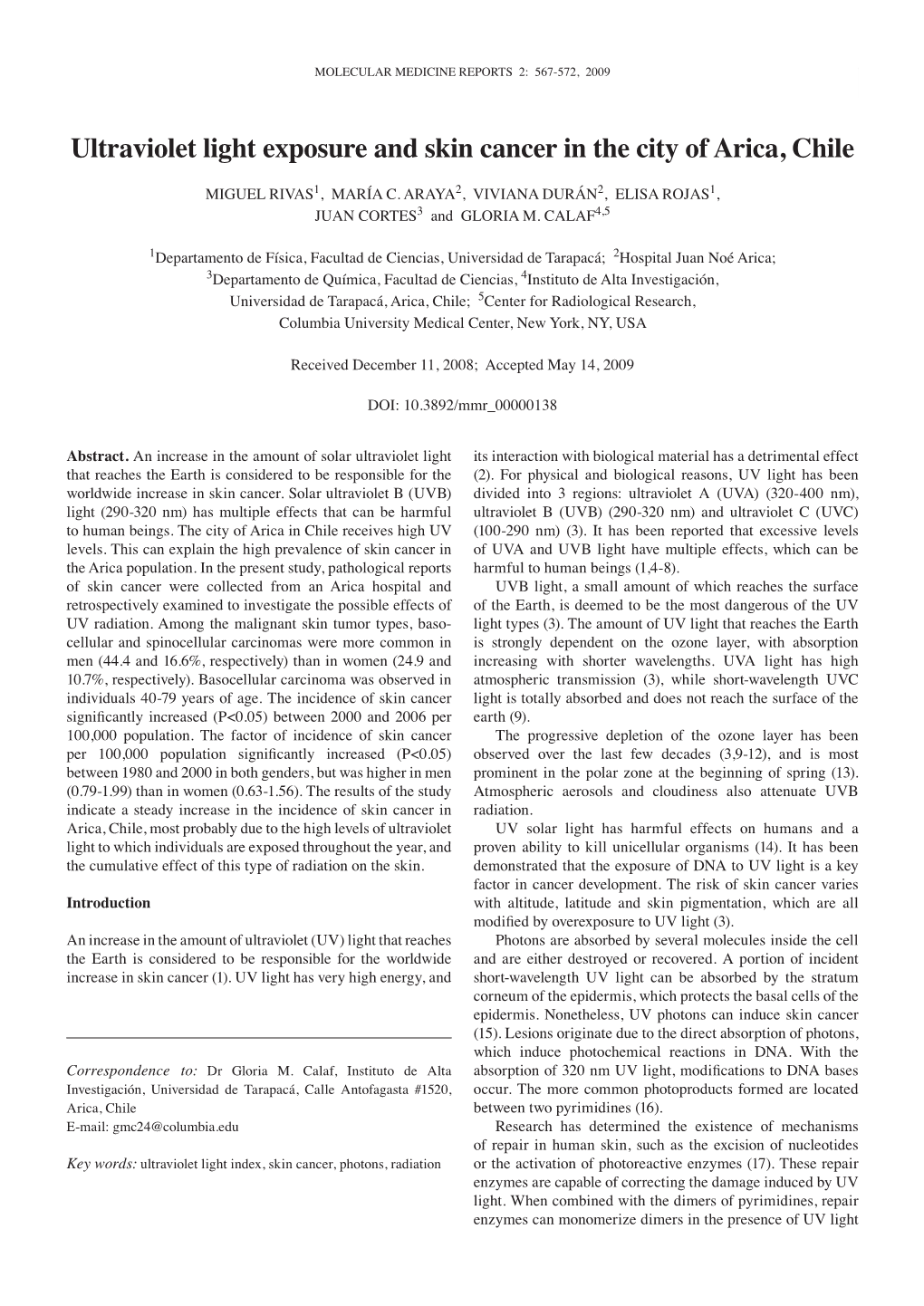 Ultraviolet Light Exposure and Skin Cancer in the City of Arica, Chile