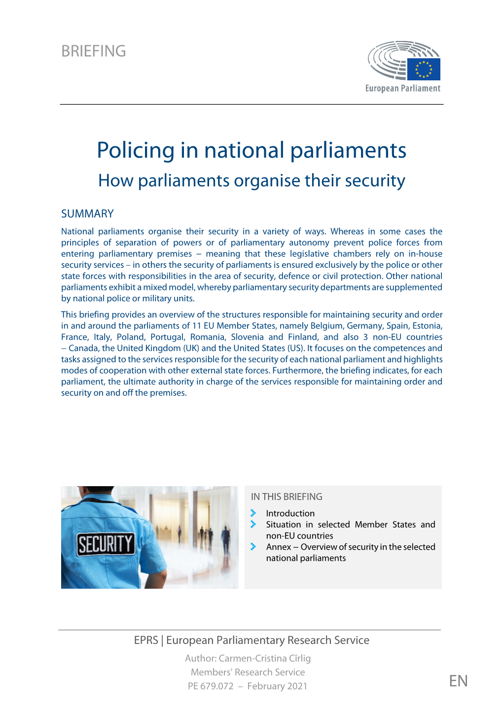 Policing in National Parliaments How Parliaments Organise Their Security