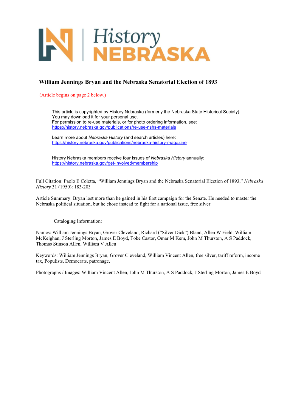 William Jennings Bryan and the Nebraska Senatorial Election of 1893