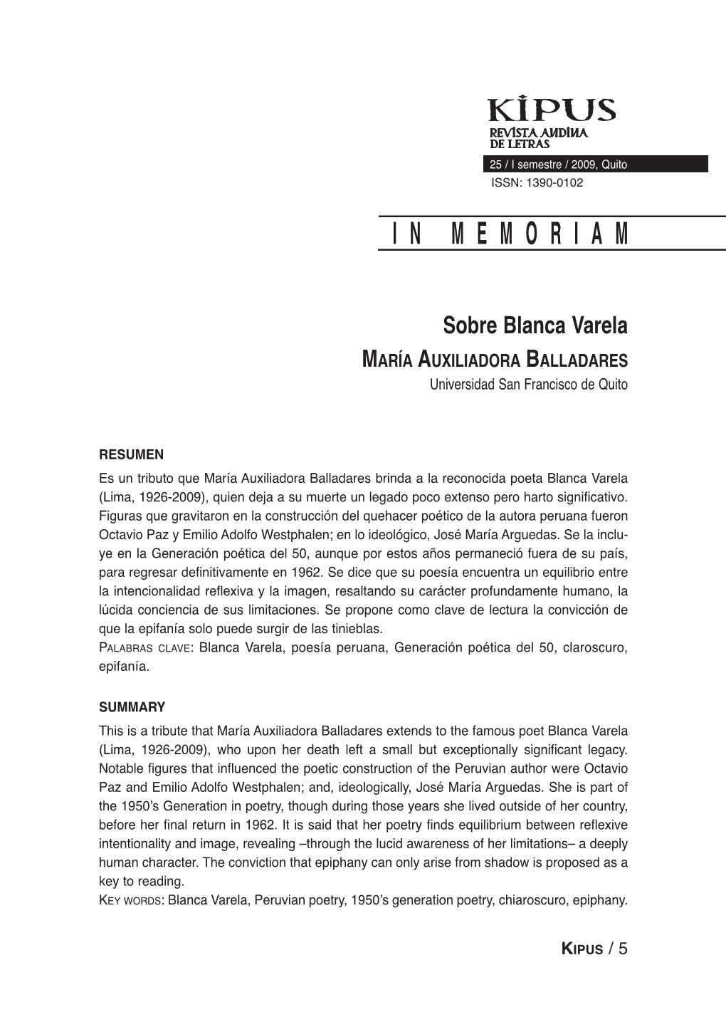 Sobre Blanca Varela MARÍA AUXILIADORA BALLADARES Universidad San Francisco De Quito