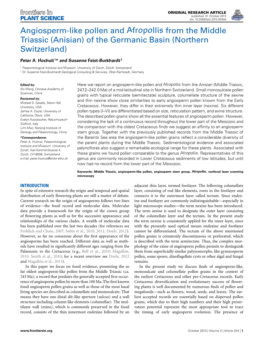 Angiosperm-Like Pollen and Afropollis from the Middle Triassic (Anisian) of the Germanic Basin (Northern Switzerland)