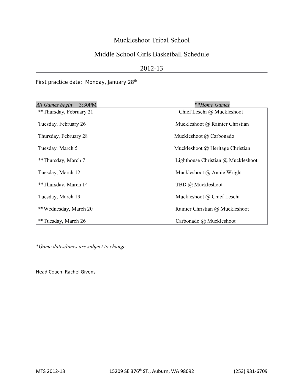 Middle School Girls Basketball Schedule