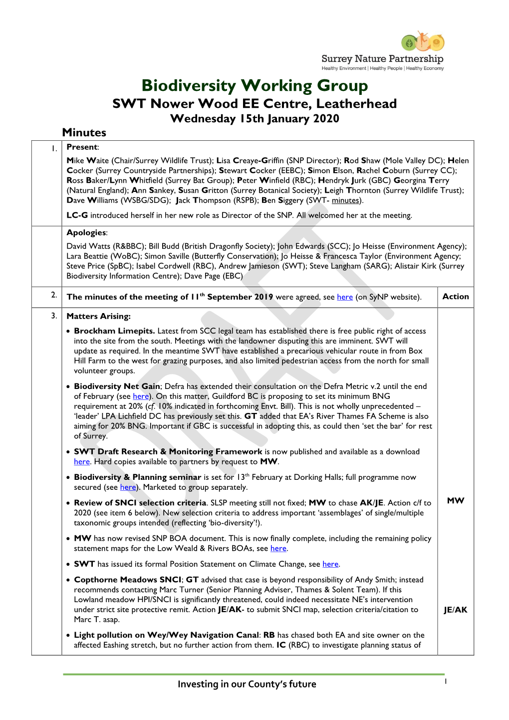 Biodiversity Working Group SWT Nower Wood EE Centre, Leatherhead Wednesday 15Th January 2020 Minutes 1