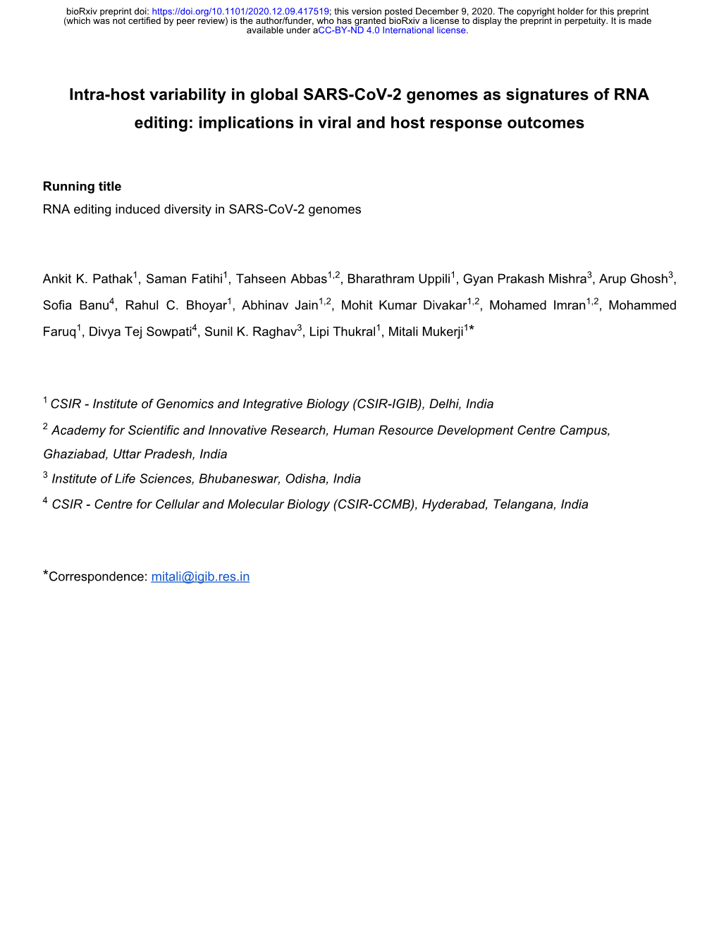 Intra-Host Variability in Global SARS-Cov-2 Genomes As Signatures of RNA Editing: Implications in Viral and Host Response Outcomes