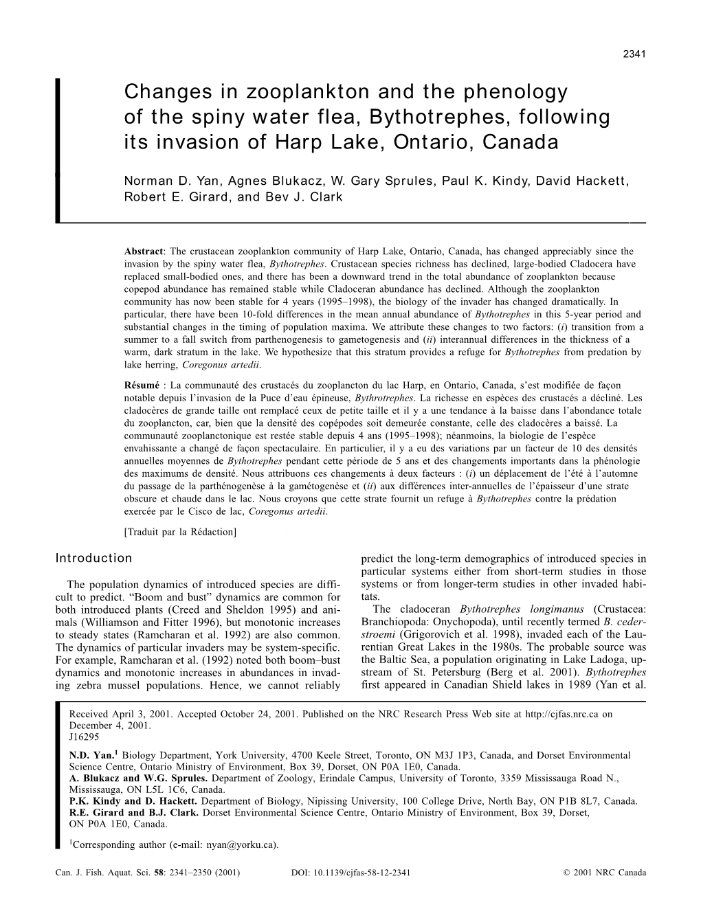 Changes in Zooplankton and the Phenology of the Spiny Water Flea, Bythotrephes, Following Its Invasion of Harp Lake, Ontario, Canada