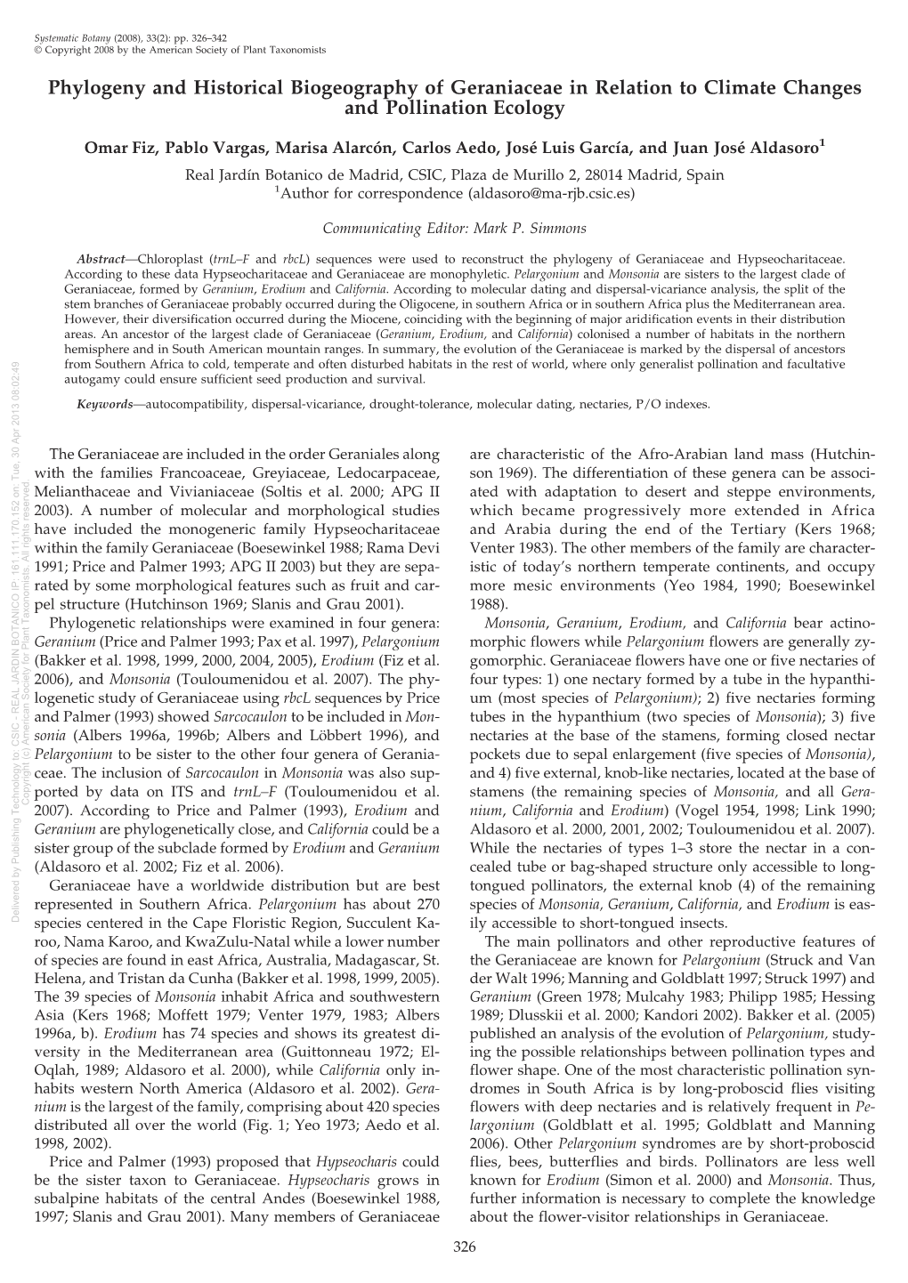 Phylogeny and Historical Biogeography of Geraniaceae In