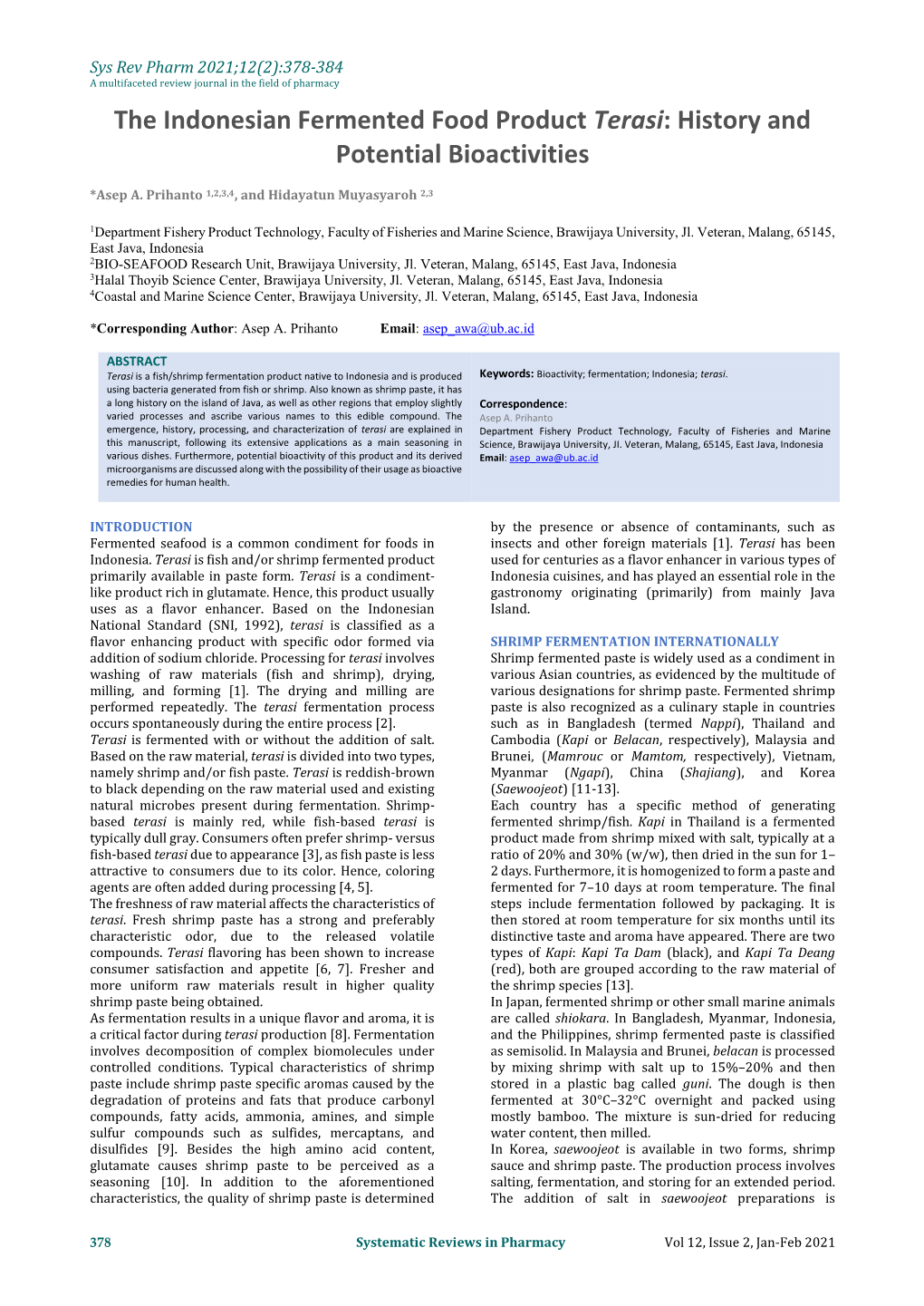 The Indonesian Fermented Food Product Terasi: History and Potential Bioactivities