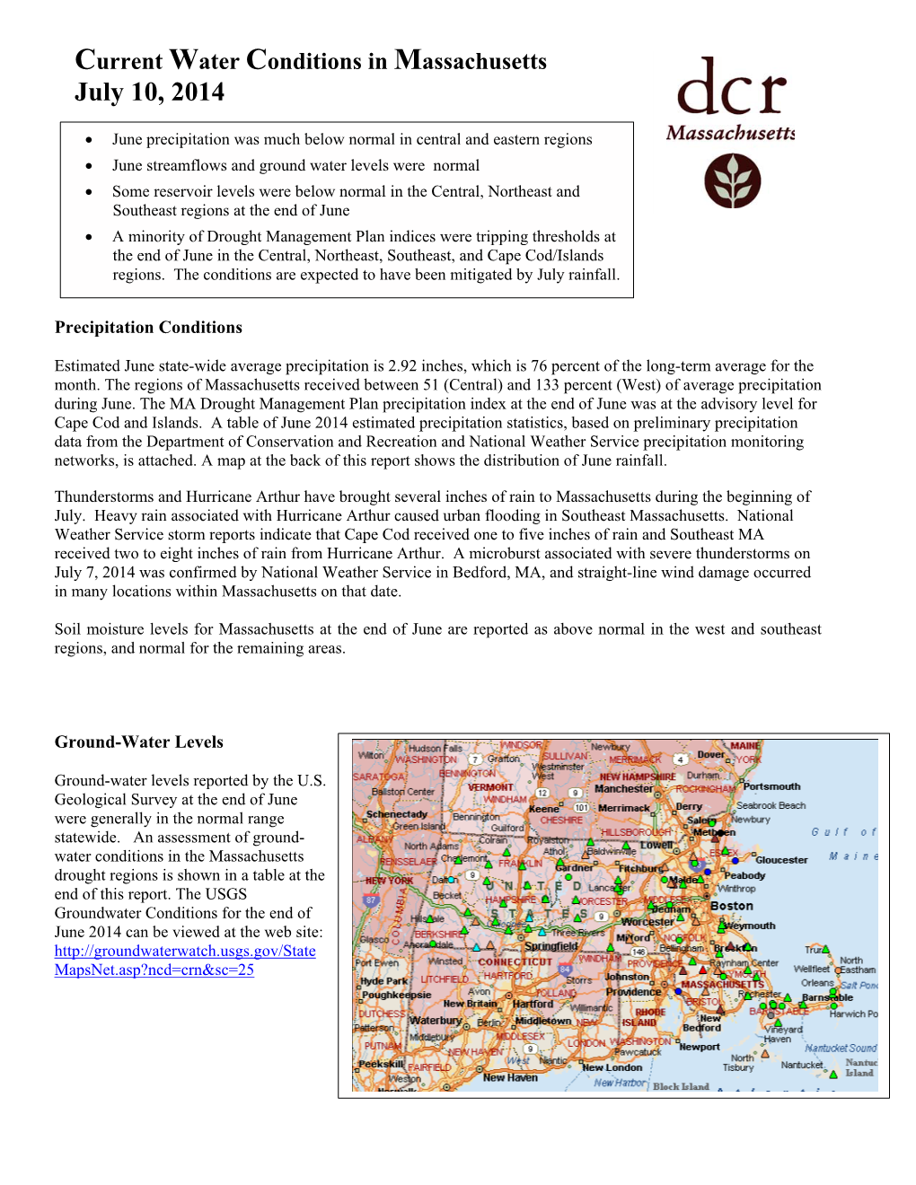 Current Water Conditions in Massachusetts July 10, 2014