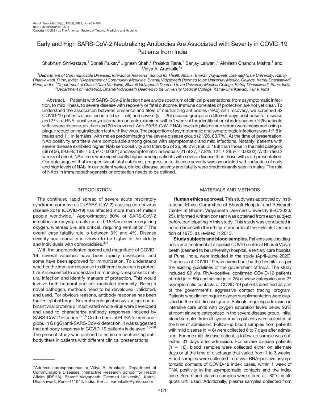 Early and High SARS-Cov-2 Neutralizing Antibodies Are Associated with Severity in COVID-19 Patients from India