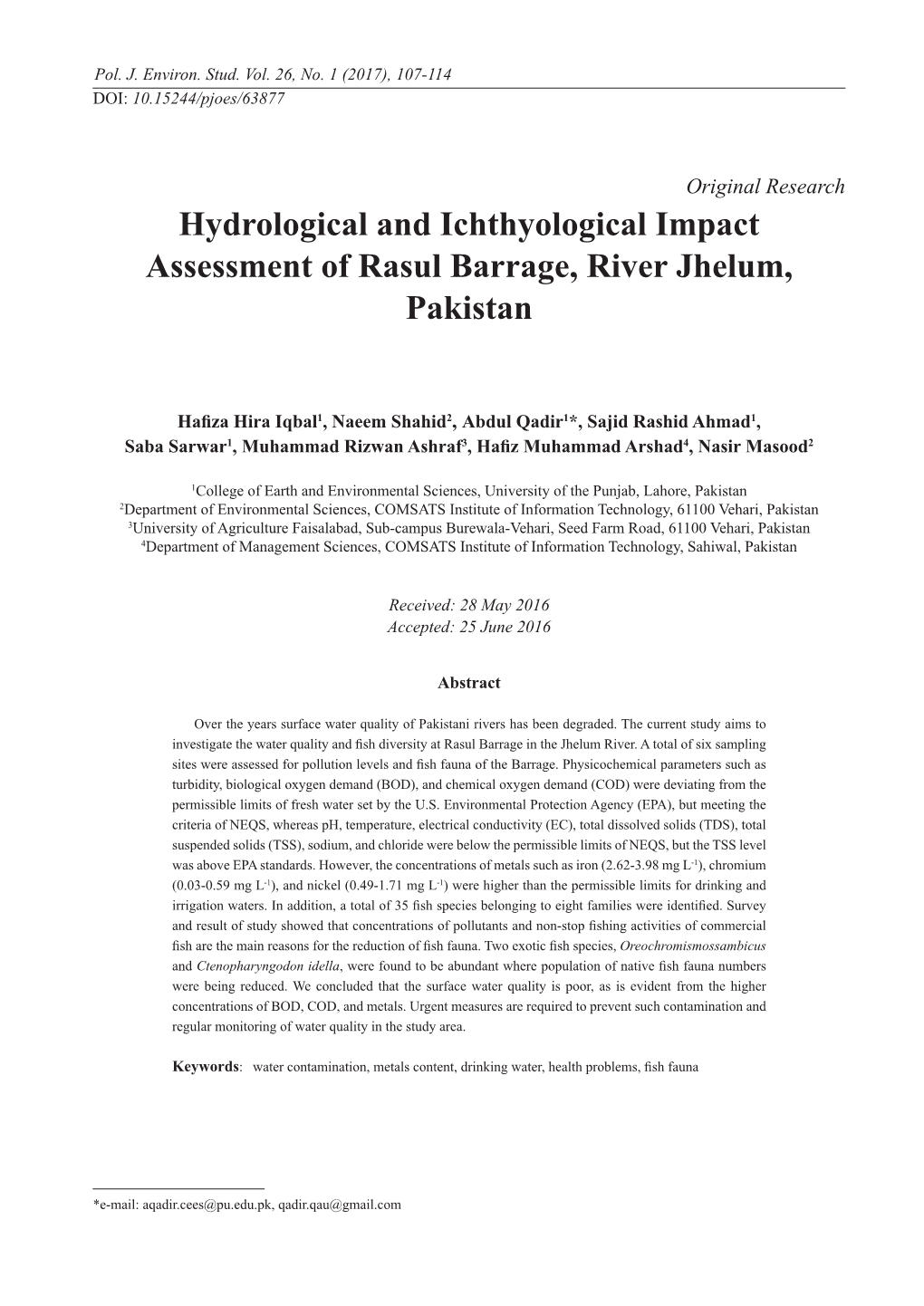 Hydrological and Ichthyological Impact Assessment of Rasul Barrage, River Jhelum, Pakistan