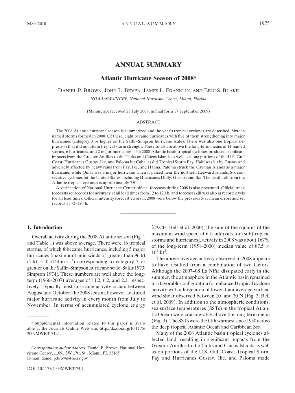 ANNUAL SUMMARY Atlantic Hurricane Season of 2008*