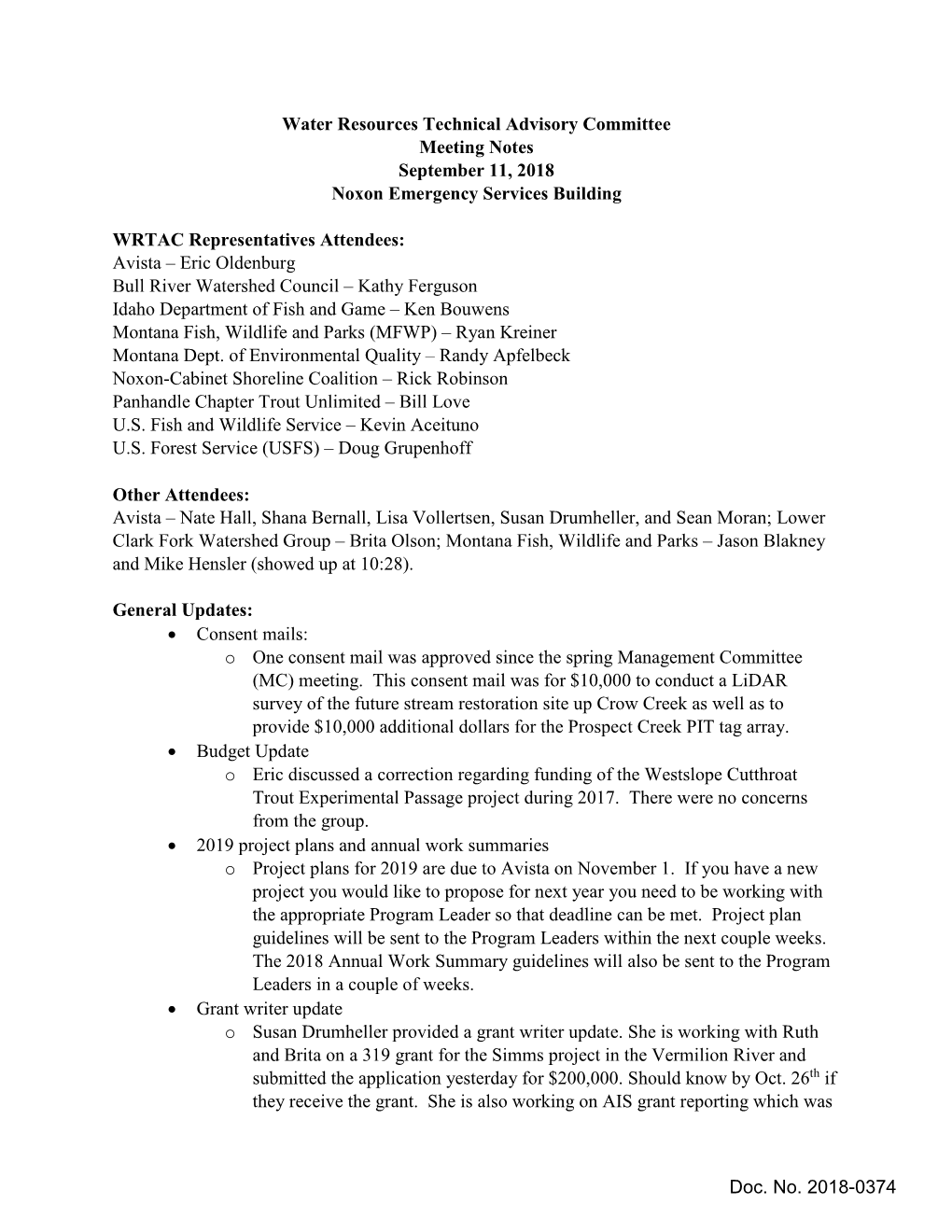 Water Resources Technical Advisory Committee Meeting Notes September 11, 2018 Noxon Emergency Services Building