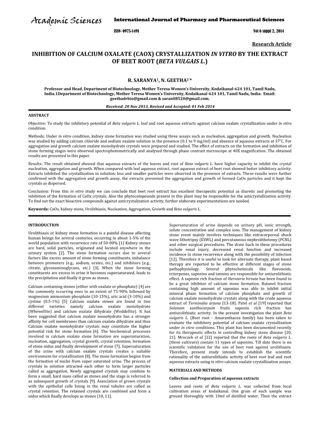 Inhibition of Calcium Oxalate (Caox) Crystallization in Vitro by the Extract of Beet Root (Beta Vulgais L.)