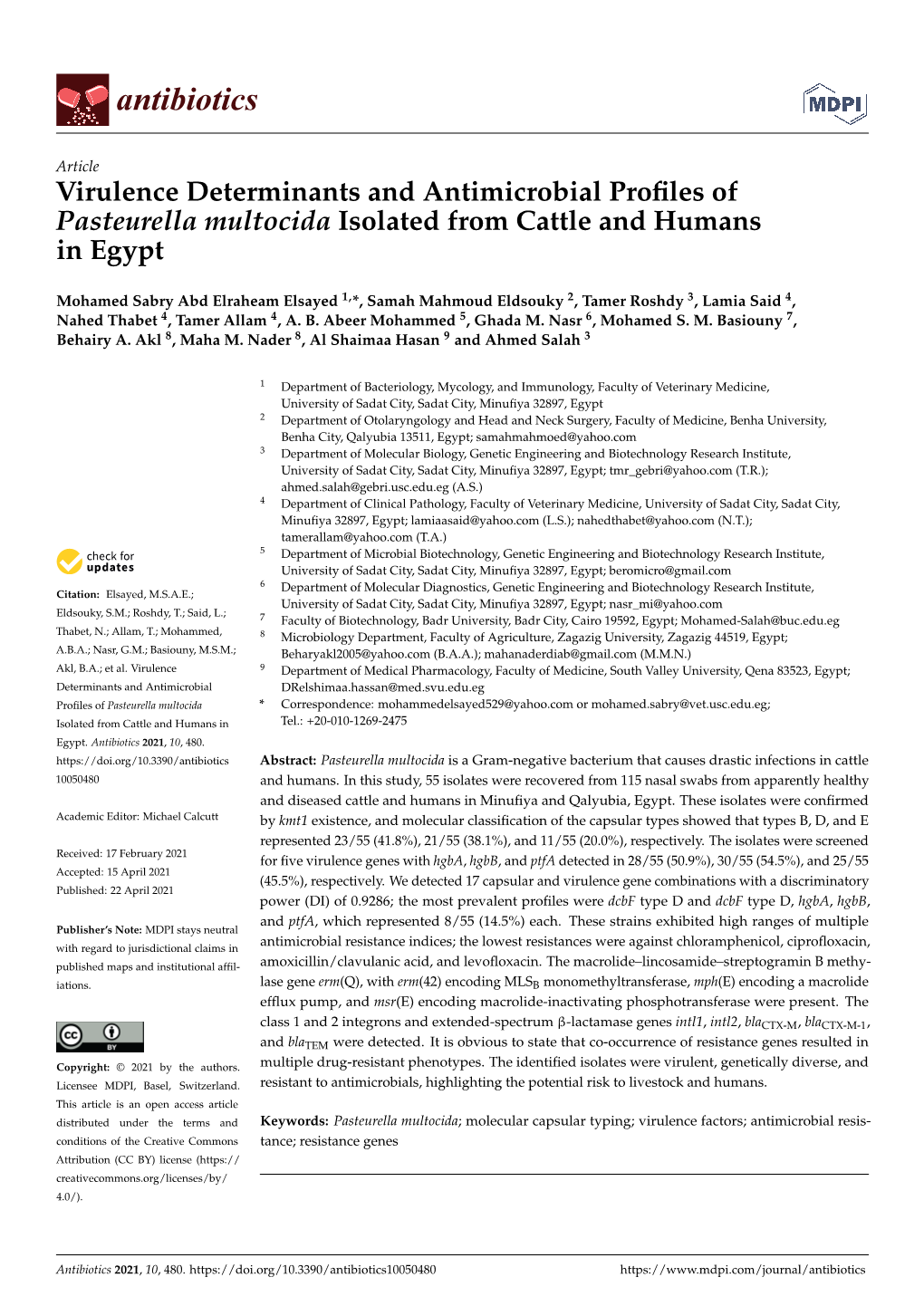 Virulence Determinants and Antimicrobial Profiles of Pasteurella Multocida Isolated from Cattle and Humans in Egypt