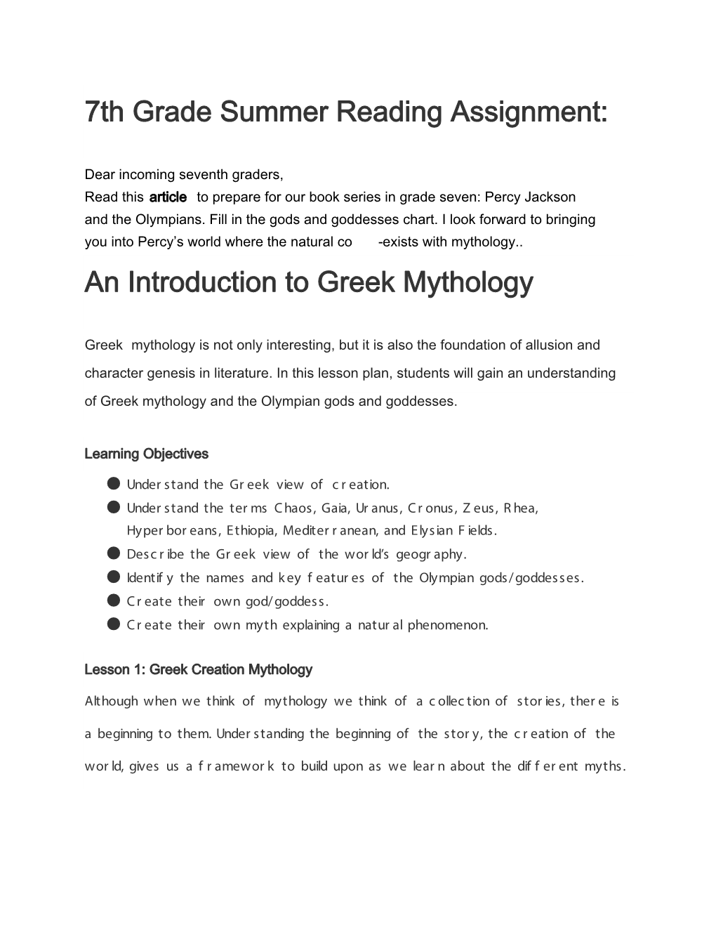 Summer Reading an Introduction to Greek Mythology