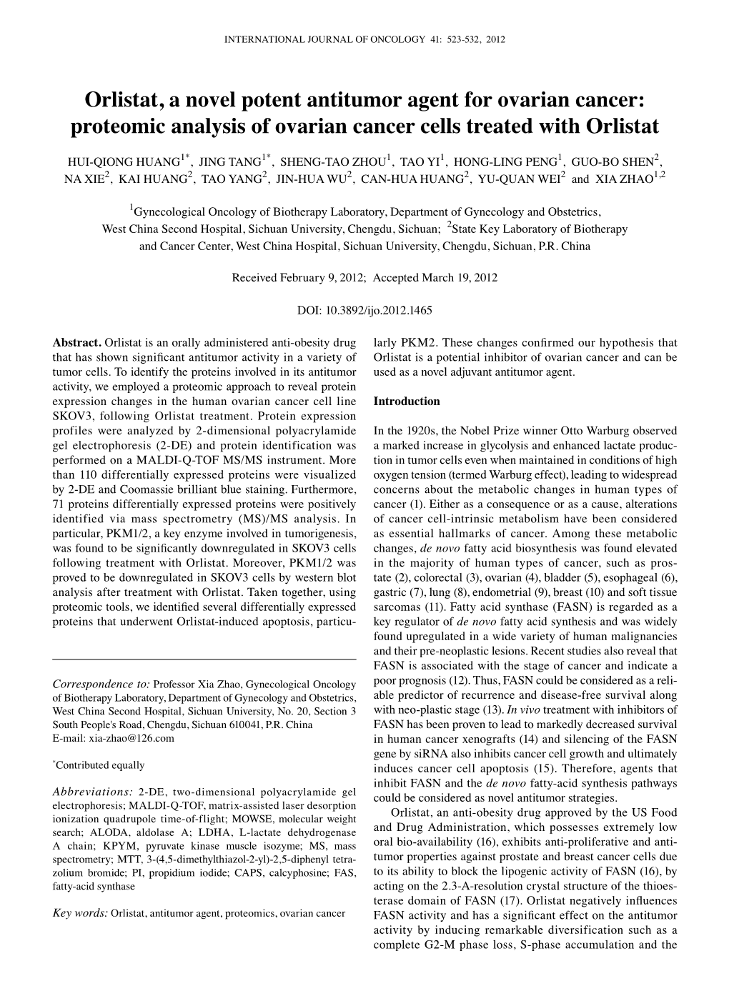 Orlistat, a Novel Potent Antitumor Agent for Ovarian Cancer: Proteomic Analysis of Ovarian Cancer Cells Treated with Orlistat