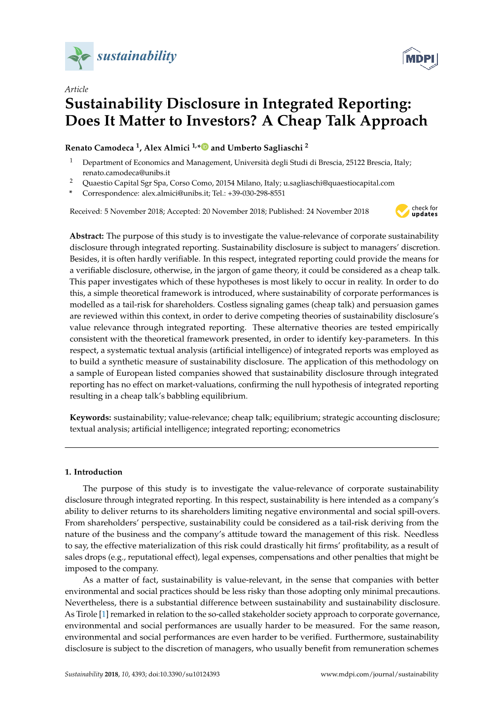 Sustainability Disclosure in Integrated Reporting: Does It Matter to Investors? a Cheap Talk Approach