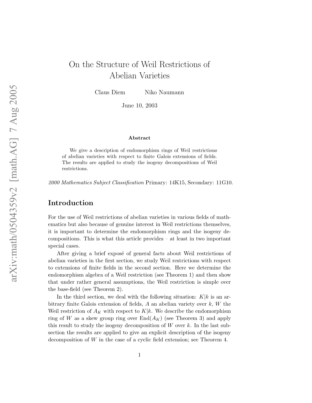 Arxiv:Math/0504359V2 [Math.AG] 7 Aug 2005