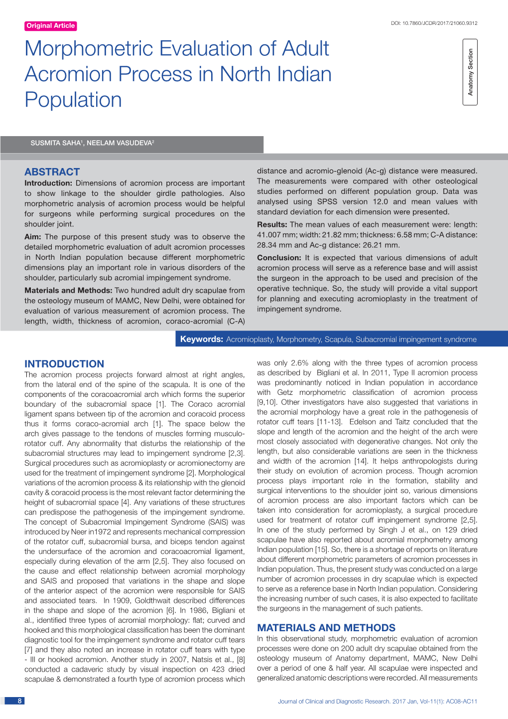 Morphometric Evaluation of Adult Acromion Process in North Indian Population Anatomy Section