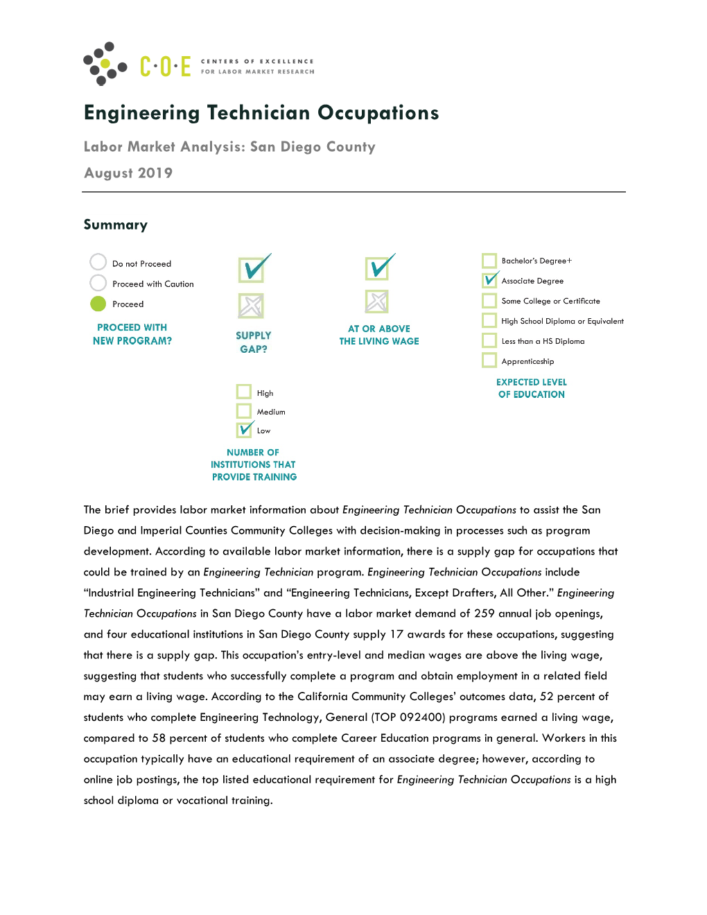 Engineering Technician Occupations Labor Market Analysis: San Diego County August 2019