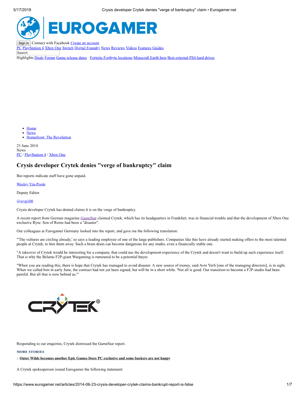 Crysis Developer Crytek Denies 