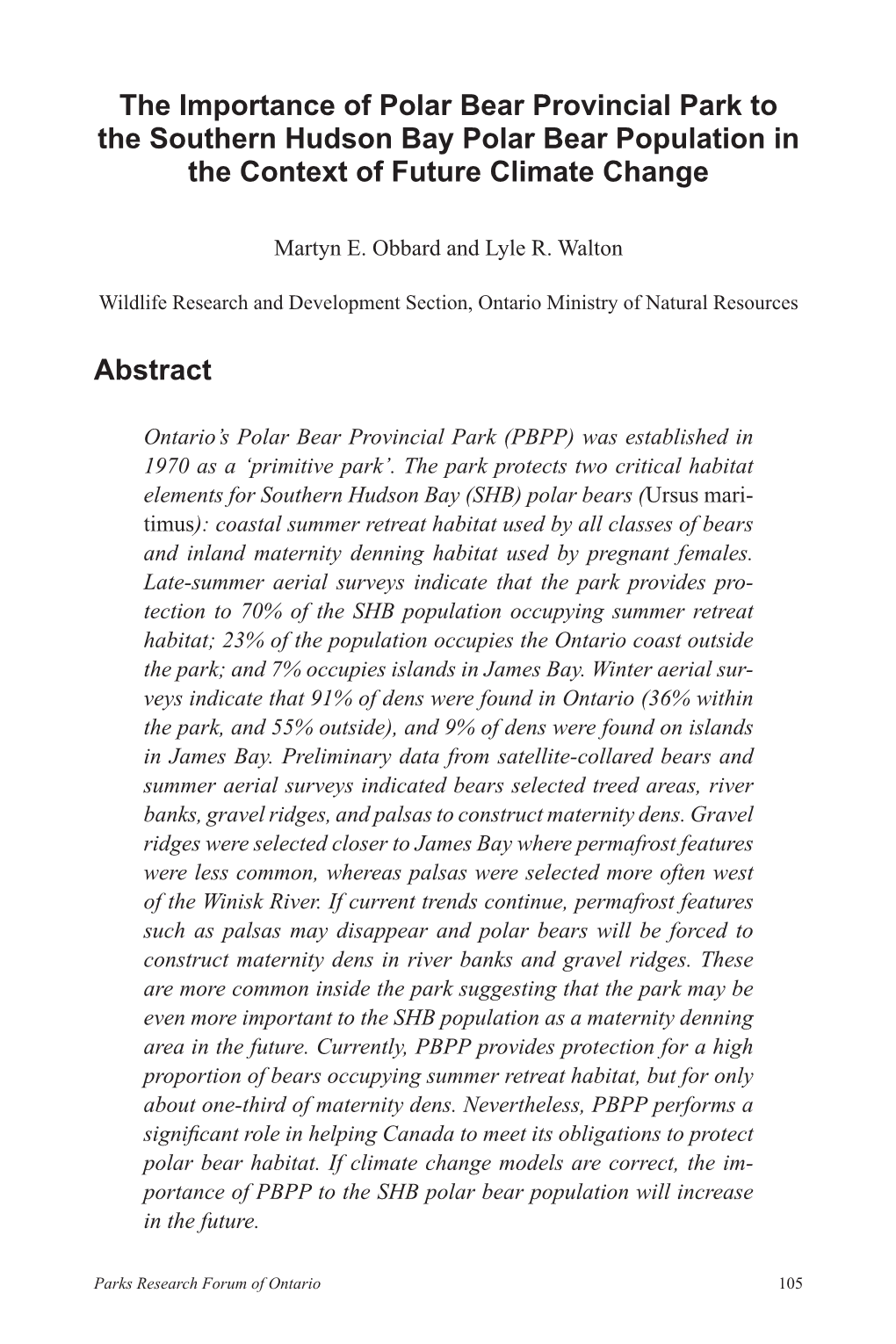 The Importance of Polar Bear Provincial Park to the Southern Hudson Bay Polar Bear Population in the Context of Future Climate Change