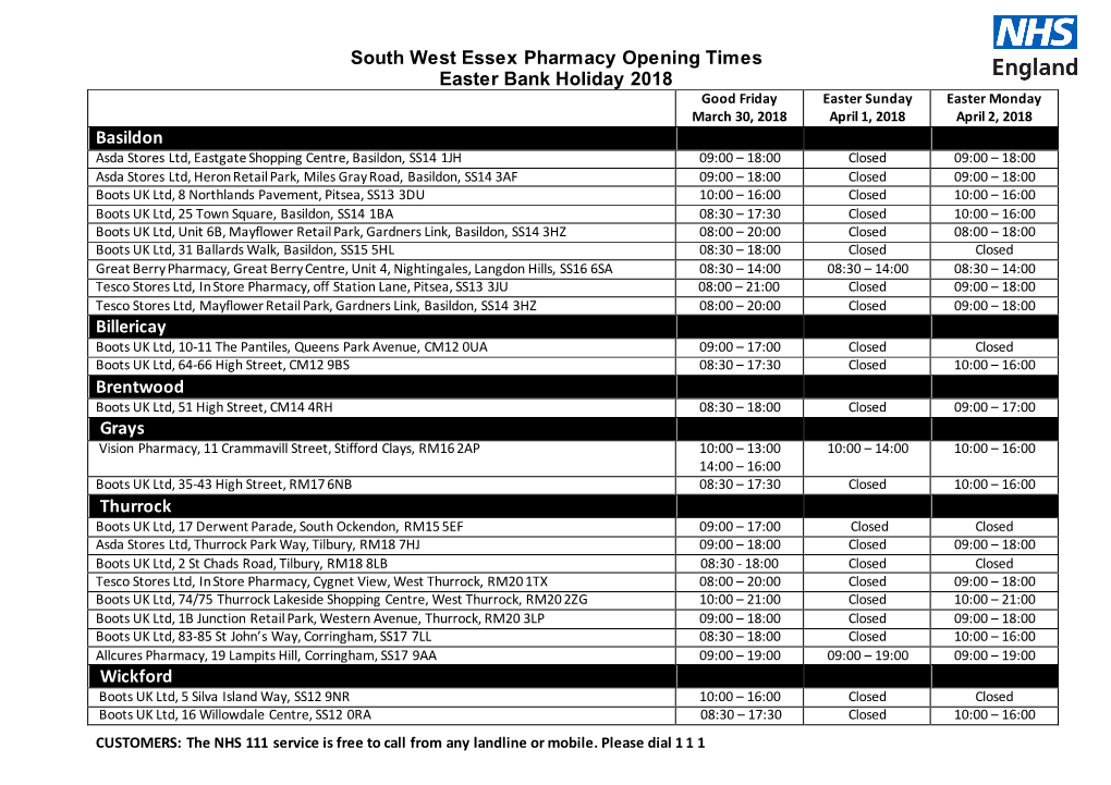 South West Essex Pharmacy Opening Times Easter Bank Holiday 2018 Basildon Billericay Brentwood Grays Thurrock Wickford