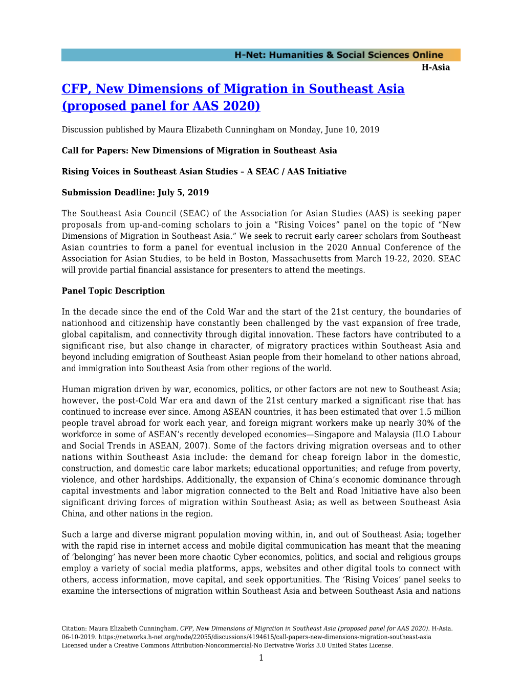 CFP, New Dimensions of Migration in Southeast Asia (Proposed Panel for AAS 2020)