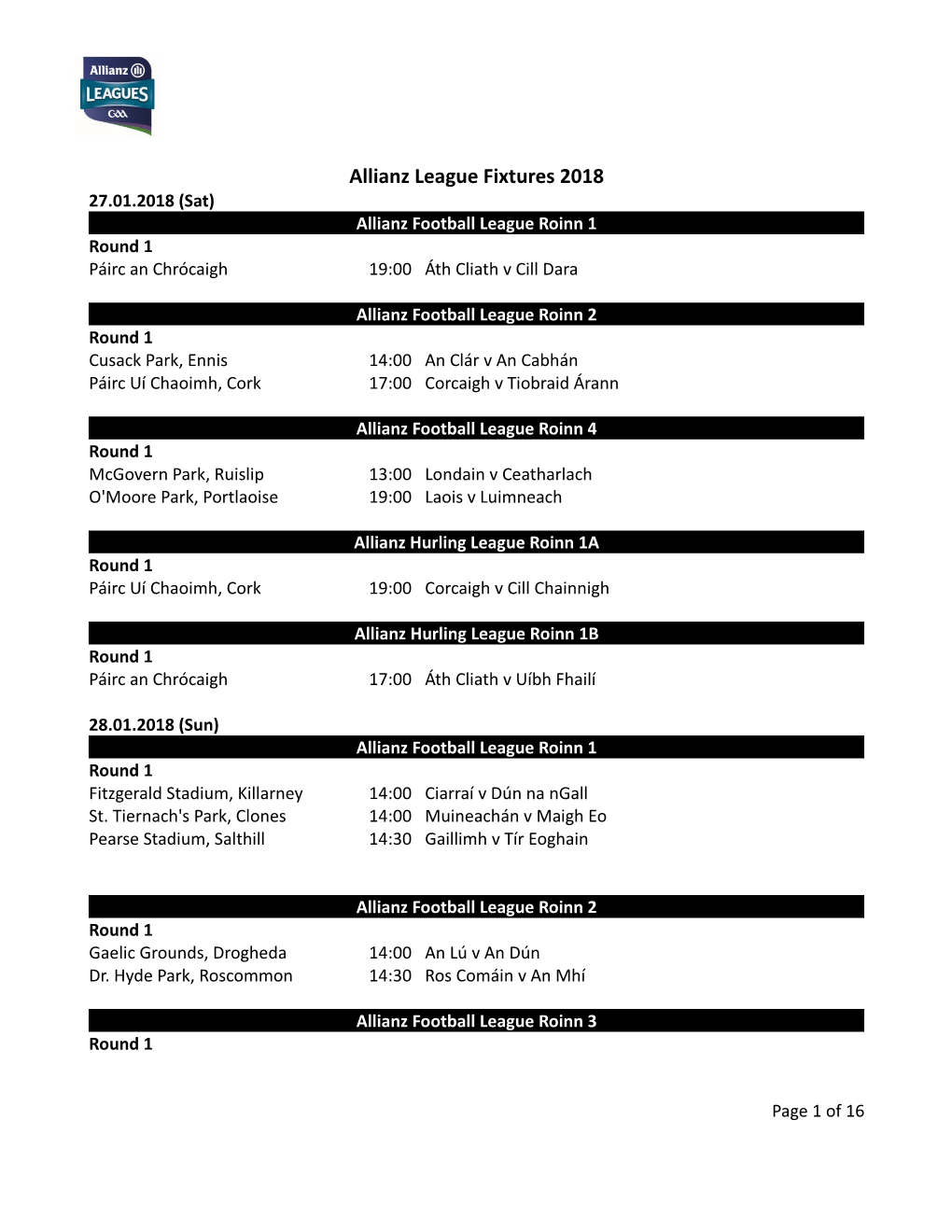 GAA Master Fixtures Schedule