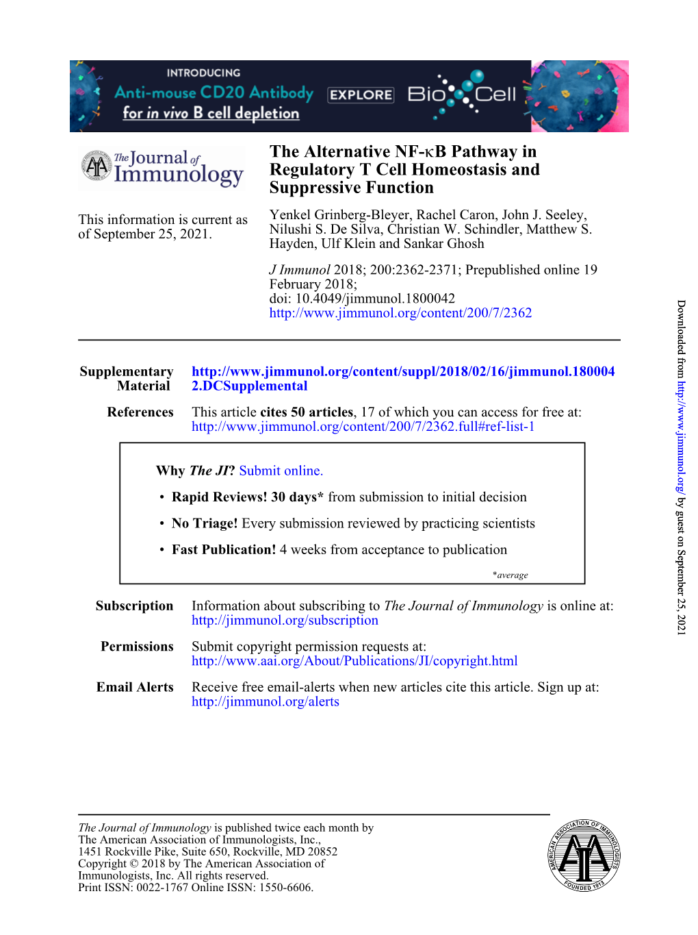 The Alternative NF-Κb Pathway in Regulatory T Cell Homeostasis and Suppressive Function