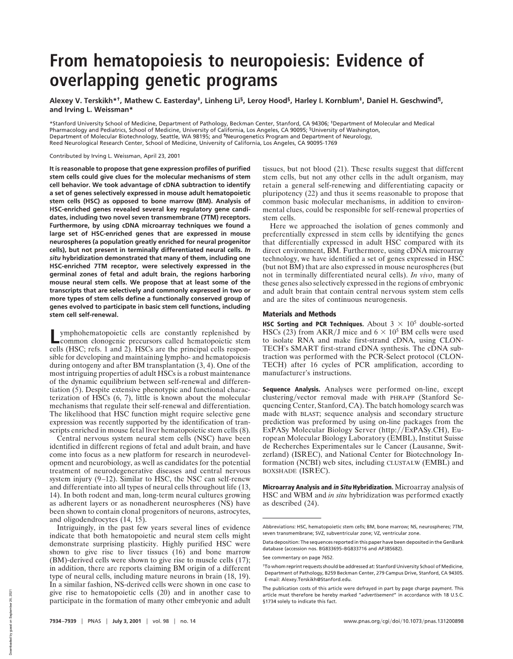 From Hematopoiesis to Neuropoiesis: Evidence of Overlapping Genetic Programs