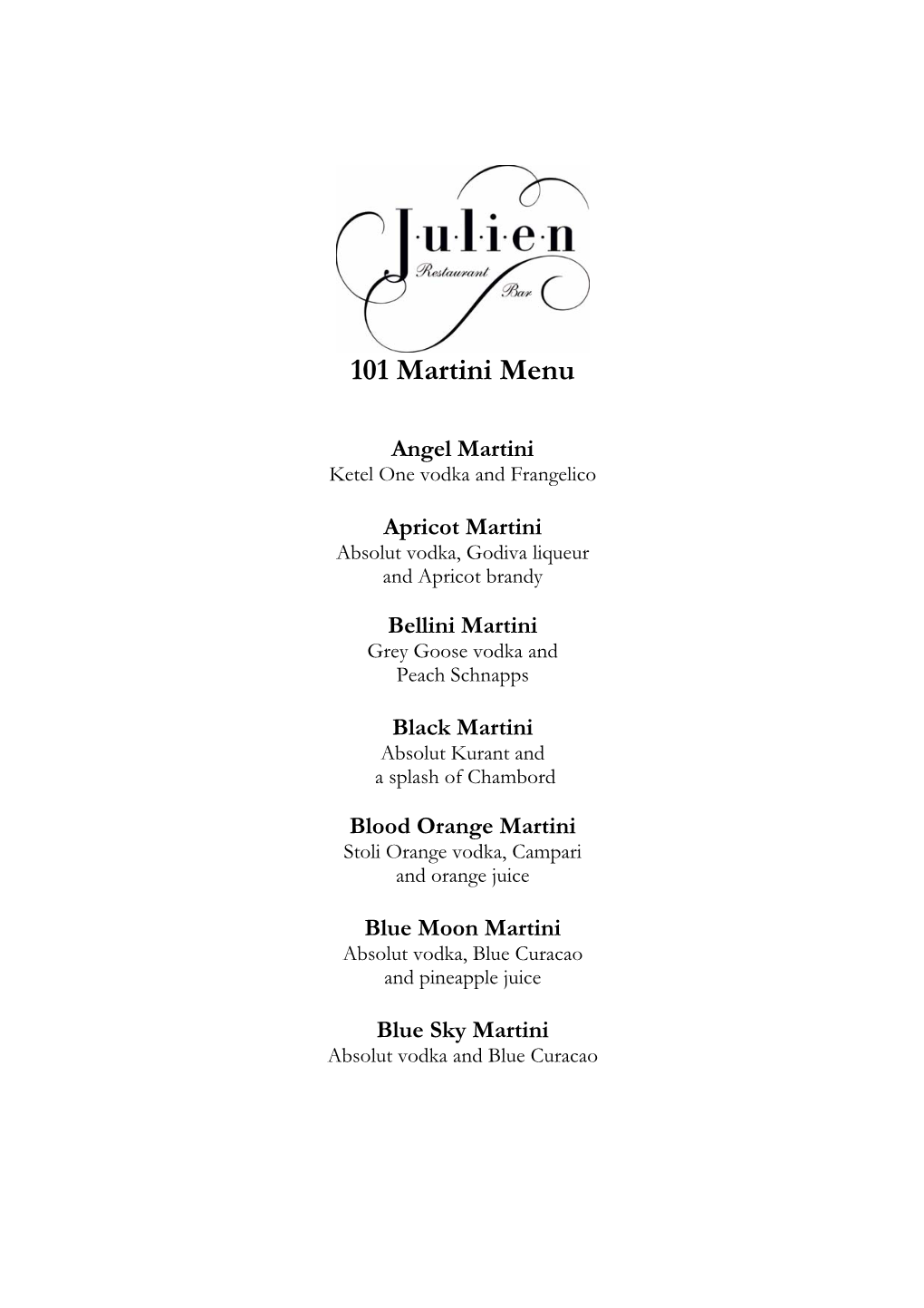 101 Martini Menu