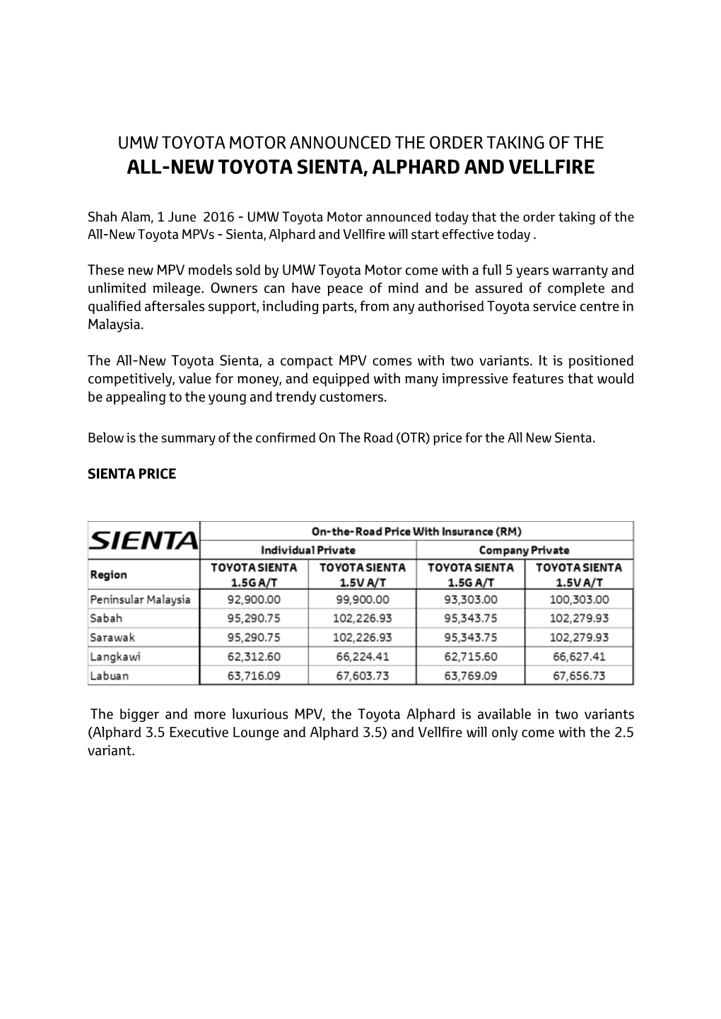 All-New Toyota Sienta, Alphard and Vellfire