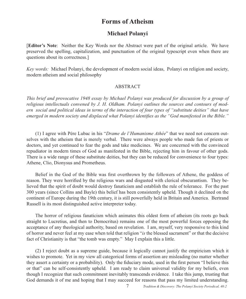 Forms of Atheism Michael Polanyi