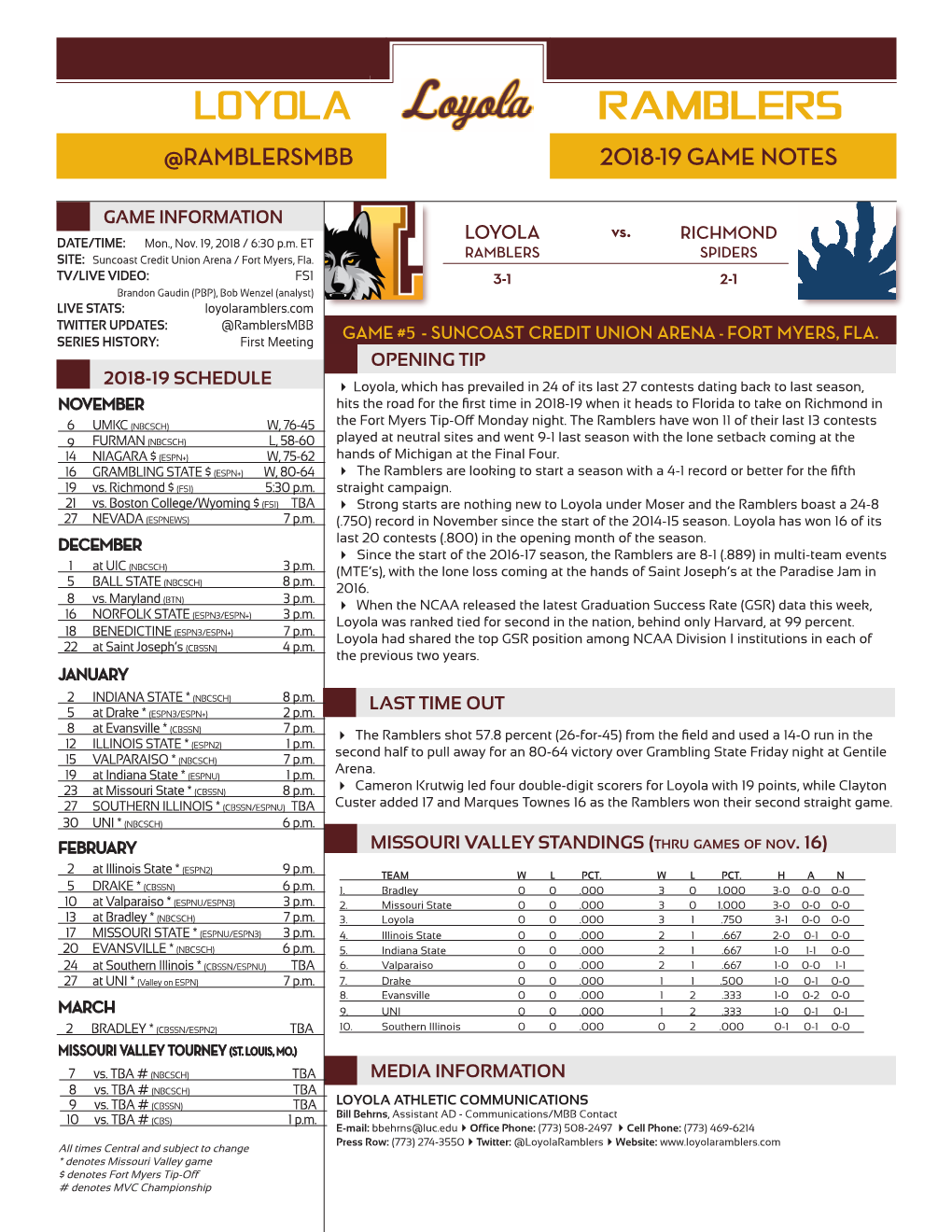 Loyola Ramblers @Ramblersmbb 2018-19 Game Notes