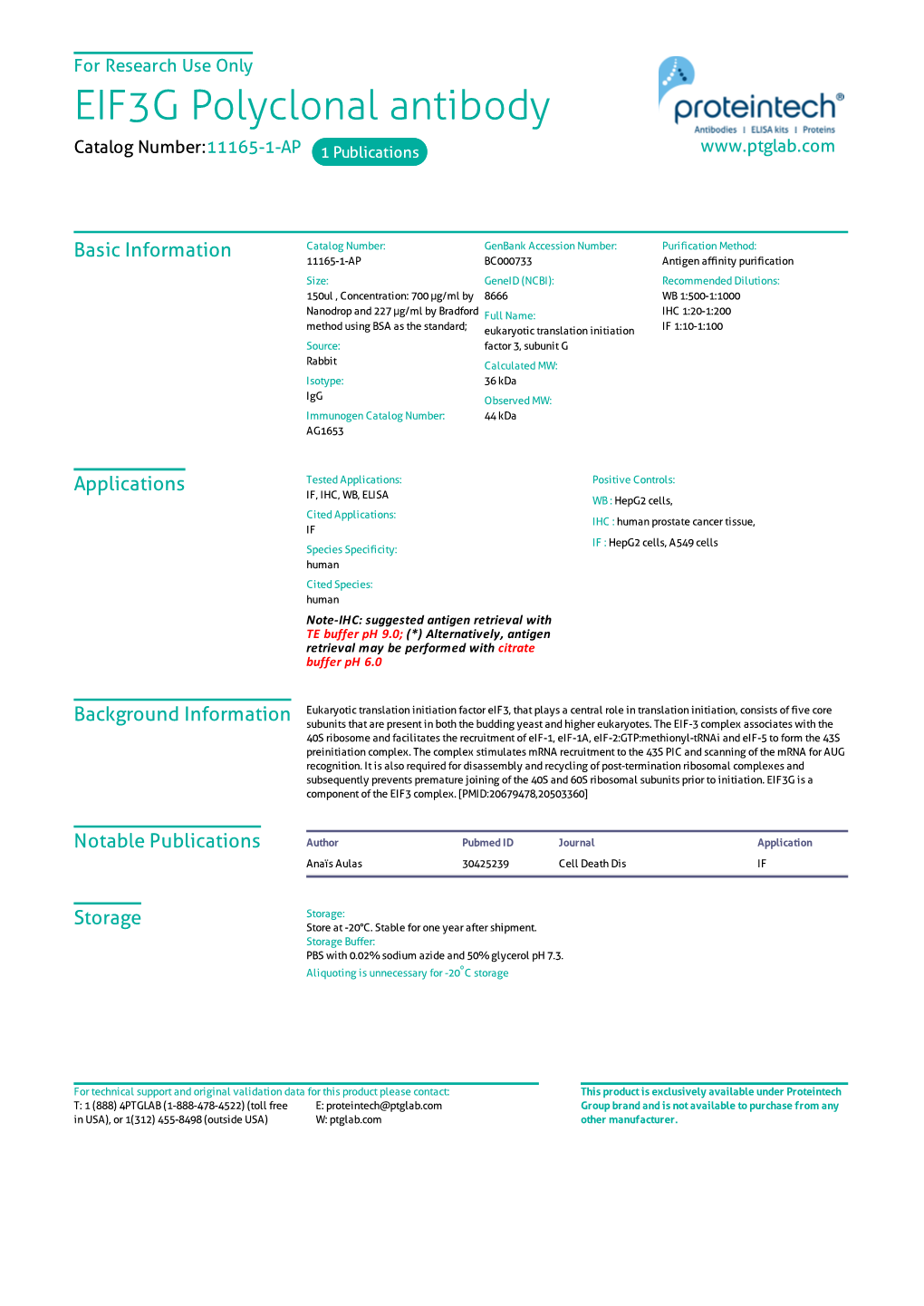 EIF3G Polyclonal Antibody Catalog Number:11165-1-AP 1 Publications